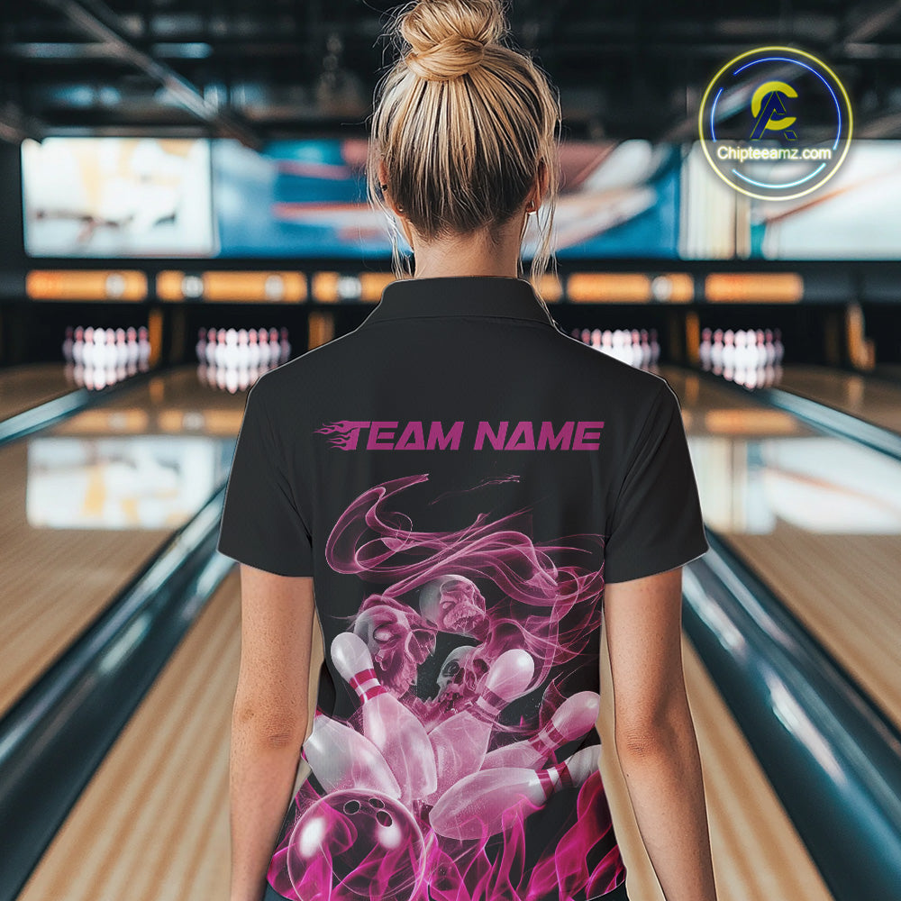 Custom Pink Skull Smoke Bowling Team Women Quarter-Zip Shirts, Halloween Bowling Outfit IPHW9772