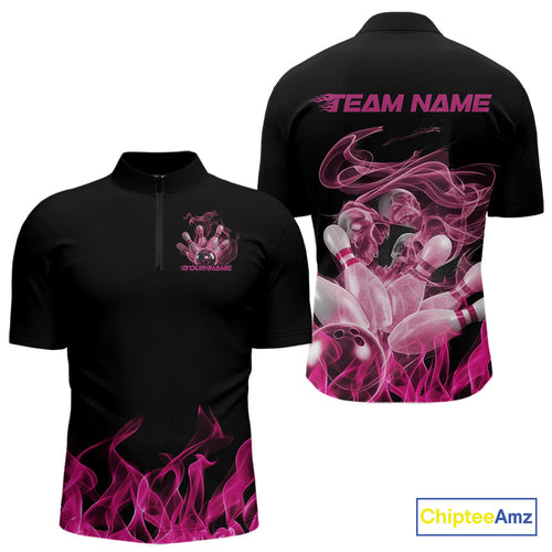 Custom Pink Skull Smoke Bowling Team Men Quarter-Zip Shirts, Halloween Bowling Outfit IPHW9772