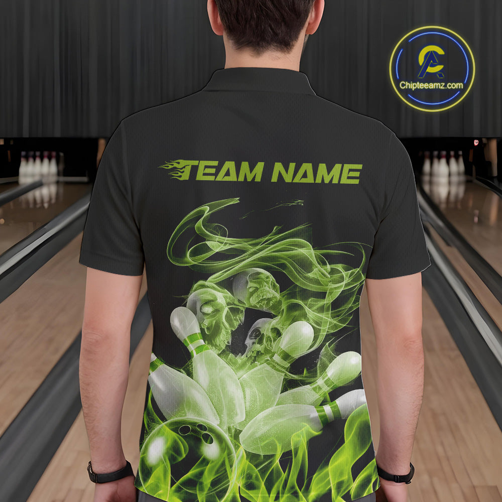 Custom Green Skull Smoke Bowling Team Men Polo Shirts, Halloween Bowling Outfit IPHW9773