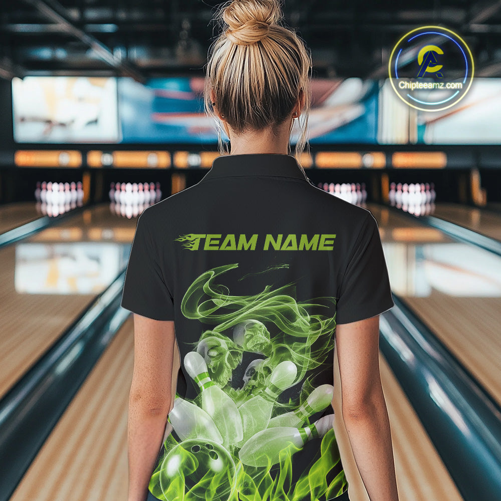 Custom Green Skull Smoke Bowling Team Women Polo Shirts, Halloween Bowling Outfit IPHW9773