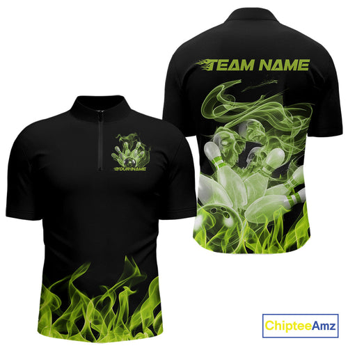 Custom Green Skull Smoke Bowling Team Men Quarter-Zip Shirts, Halloween Bowling Outfit IPHW9773