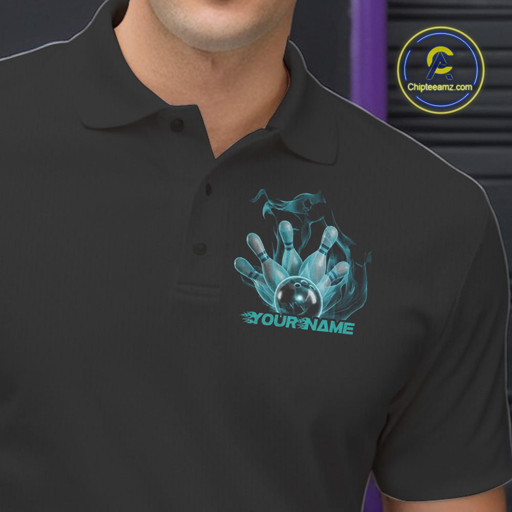 Custom Turquoise Blue Skull Smoke Bowling Team Men Polo Shirts, Halloween Bowling Outfit IPHW9774