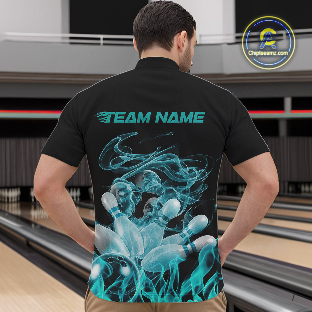 Custom Turquoise Blue Skull Smoke Bowling Team Men Quarter-Zip Shirts, Halloween Bowling Outfit IPHW9774