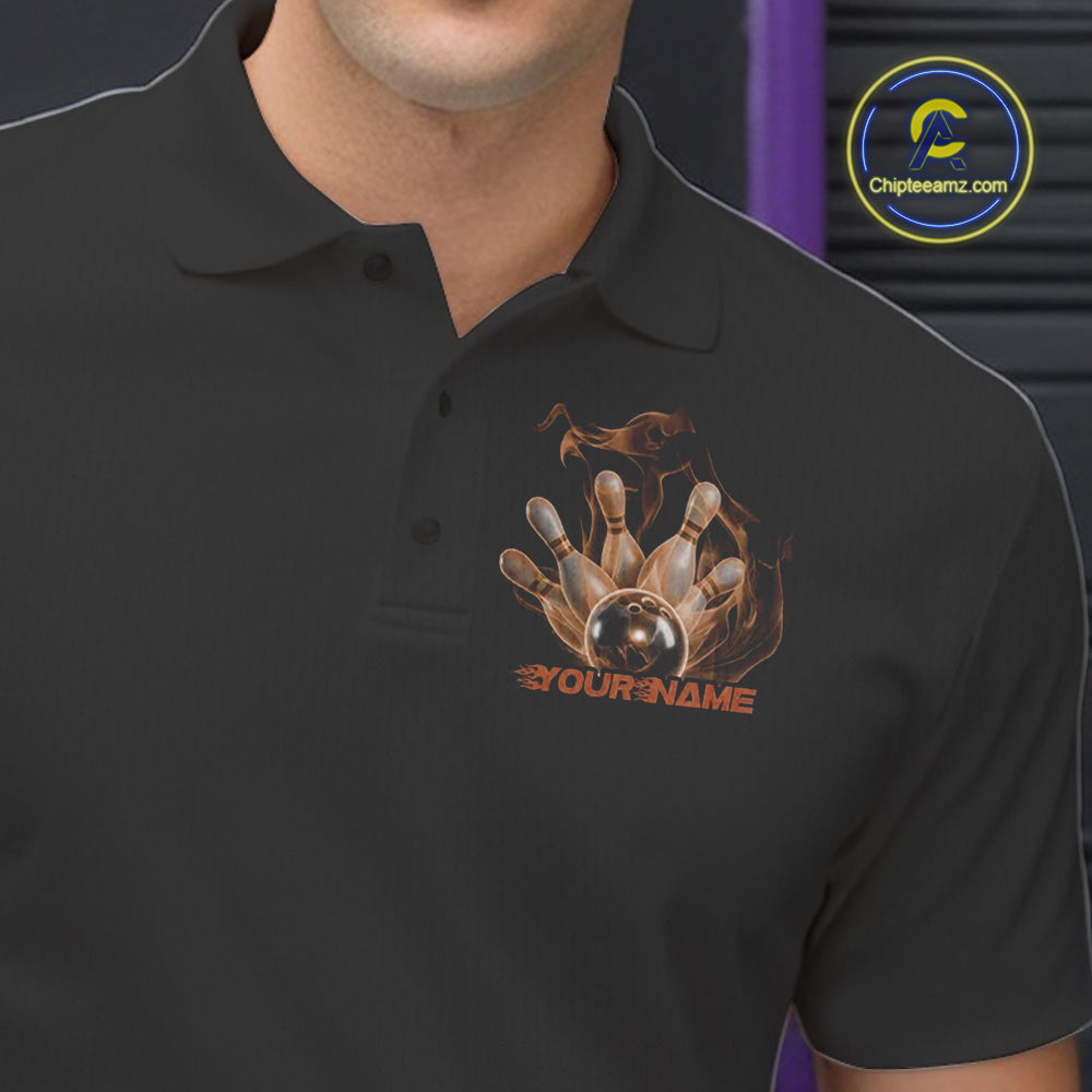 Custom Orange Skull Smoke Bowling Team Men Polo Shirts, Halloween Bowling Outfit IPHW9775