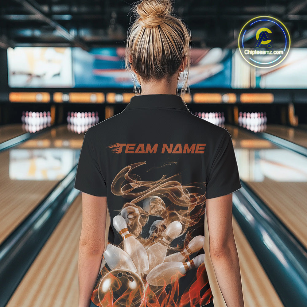 Custom Orange Skull Smoke Bowling Team Women Polo Shirts, Halloween Bowling Outfit IPHW9775
