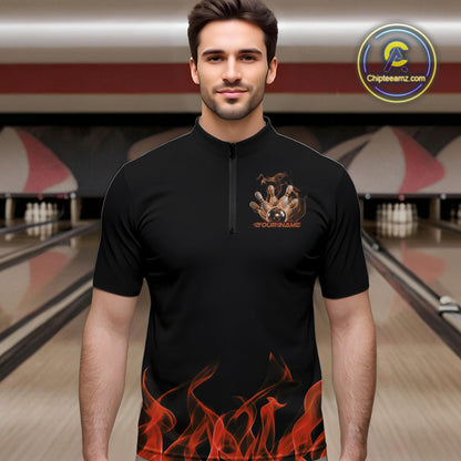 Custom Orange Skull Smoke Bowling Team Men Quarter-Zip Shirts, Halloween Bowling Outfit IPHW9775