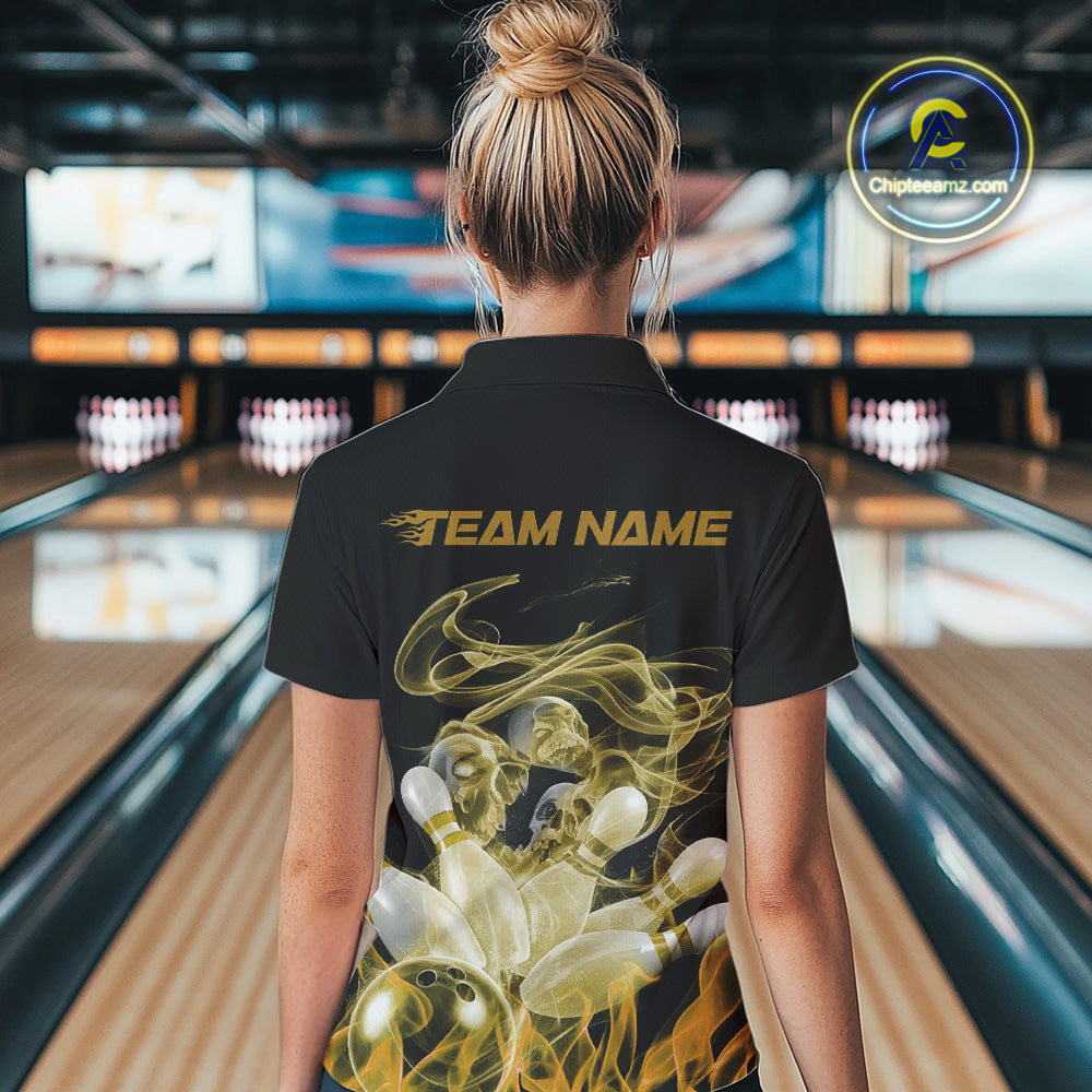 Custom Yellow Skull Smoke Bowling Team Women Polo Shirts, Halloween Bowling Outfit IPHW9776