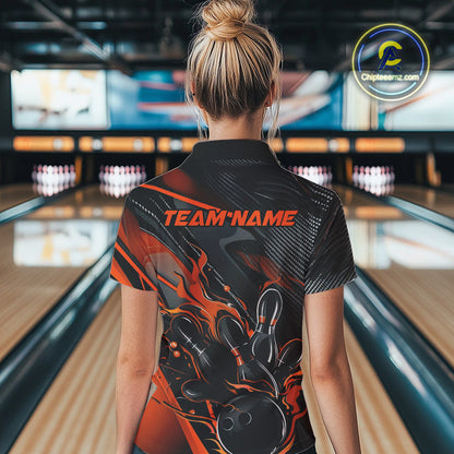 Custom Black And Orange Flame Bowling Team Women Polo Shirts, Fire Bowling Jerseys IPHW9780