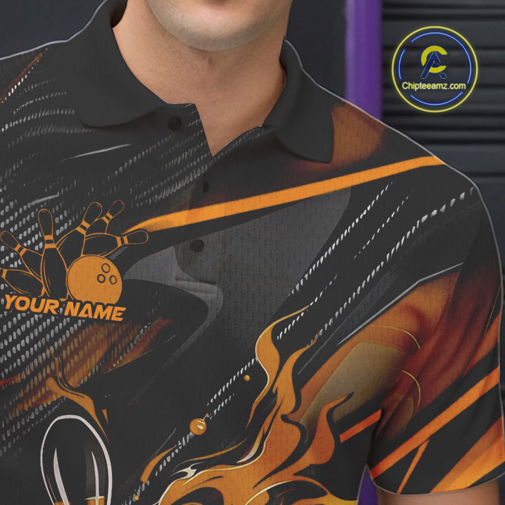 Custom Black And Yellow Flame Bowling Team Men Polo Shirts, Fire Bowling Jerseys IPHW9781