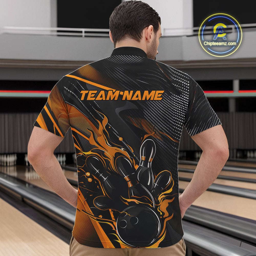 Custom Black And Yellow Flame Bowling Team Men Quarter-Zip Shirts, Fire Bowling Jerseys IPHW9781