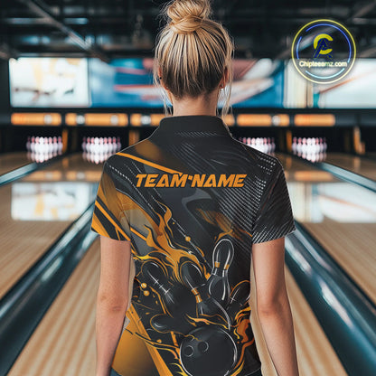 Custom Black And Yellow Flame Bowling Team Women Quarter-Zip Shirts, Fire Bowling Jerseys IPHW9781