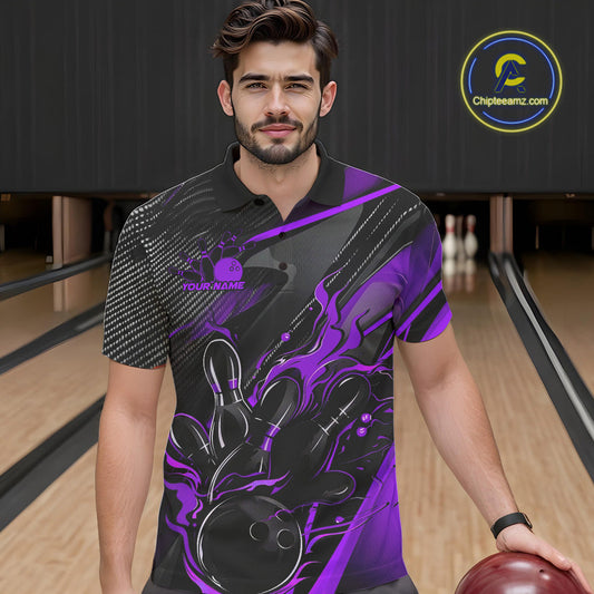 Custom Black And Purple Flame Bowling Team Men Polo Shirts, Fire Bowling Jerseys IPHW9782
