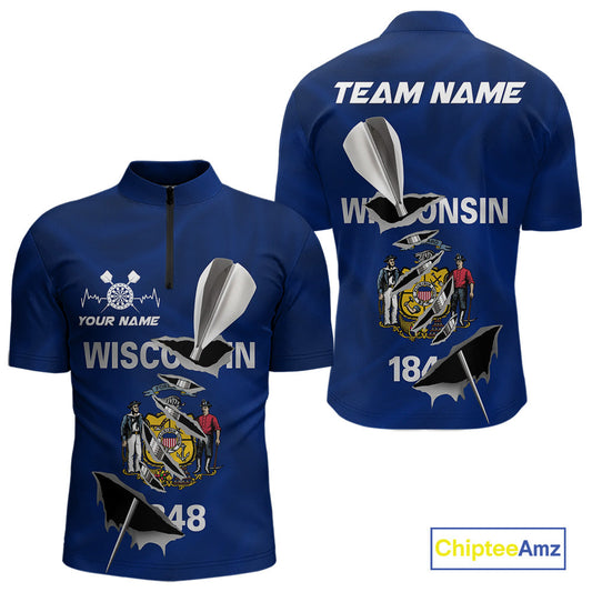 Custom Wisconsin State Flag Silver Dart Steel Tip Dart Men Quarter-Zip Shirt, Dart Team Jerseys IPHW10560