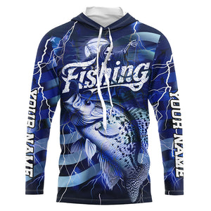 Blue Lightning American Flag Custom Crappie Fishing Long Sleeve Shirts, Fish Reaper Fishing Jerseys IPHW6687