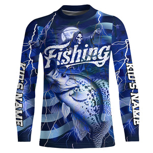 Blue Lightning American Flag Custom Crappie Fishing Long Sleeve Shirts, Fish Reaper Fishing Jerseys IPHW6687