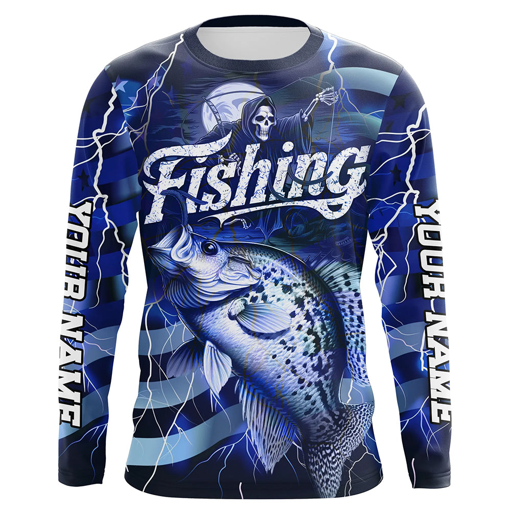 Blue Lightning American Flag Custom Crappie Fishing Long Sleeve Shirts, Fish Reaper Fishing Jerseys IPHW6687