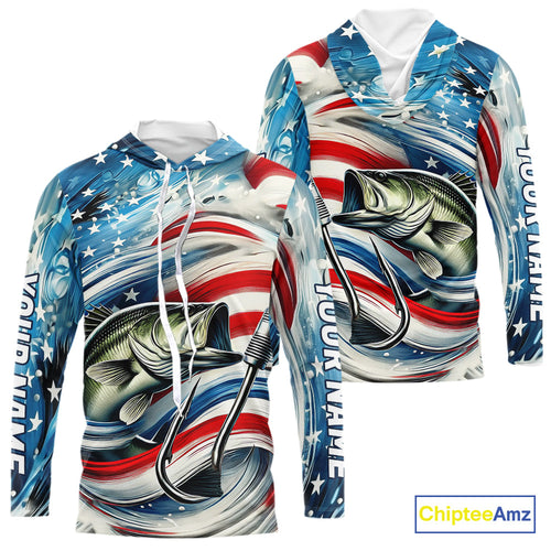 Custom Patriotic Amercian Flag Largemouth Bass Long Sleeve Hooded Tournament Fishing Shirts IPHW9210
