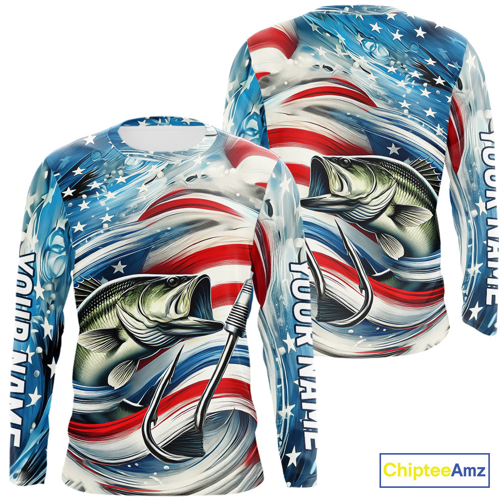 Custom Patriotic Amercian Flag Largemouth Bass Long Sleeve Tournament Fishing Shirts IPHW9210
