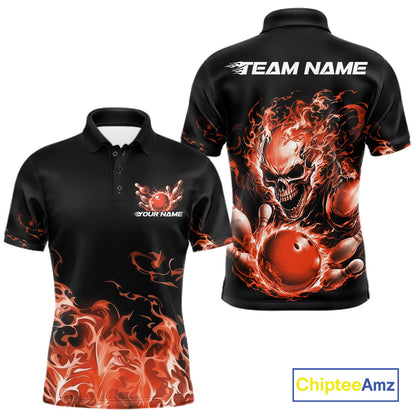 Front and back views of a black bowling polo with orange flame graphics, a skull holding a orange bowling ball, and customizable name and team text.