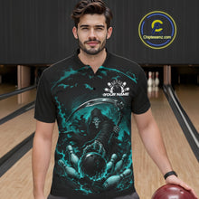 Load image into Gallery viewer, Front view of a male model wearing a black and cyan blue bowling polo shirt featuring a grim reaper commanding a blazing bowling ball crashing through scattered pins amid swirling flames in a bowling lane.