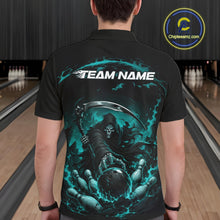 Load image into Gallery viewer, Back view of a male model wearing a black and cyan blue bowling polo shirt featuring a grim reaper commanding a blazing bowling ball crashing through scattered pins amid swirling flames in a bowling lane.