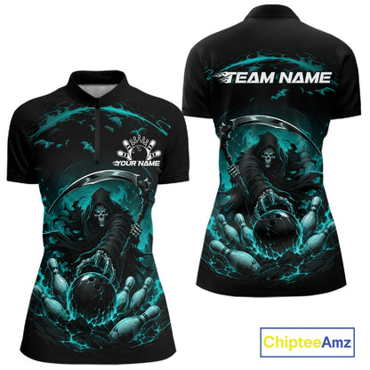 Front and back view of a women's bowling quarter zip mockup featuring a grim reaper commanding a blazing bowling ball crashing into scattered pins through swirling flames on a black and cyan blue shirt.