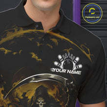 Load image into Gallery viewer, Close-up of the left chest on a black and yellow bowling polo shirt featuring a grim reaper reaching through swirling flames to command a blazing bowling ball crashing into scattered pins.