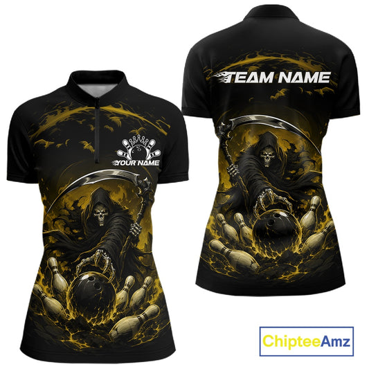 Front and back view of a women's bowling quarter zip mockup featuring a grim reaper commanding a blazing bowling ball crashing through scattered pins amid swirling flames on a black and yellow shirt.