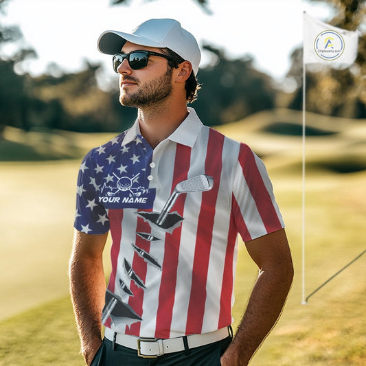 Custom US Flag Golf Club Patriotic Golf Team Shirt For Men, American Golfer Outfits IPHW10579