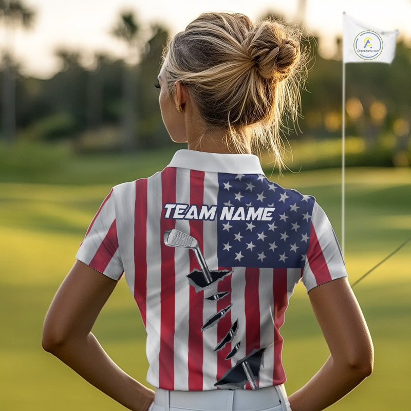Custom US Flag Golf Club Patriotic Golf Team Shirt For Women, American Golfer Outfits IPHW10579