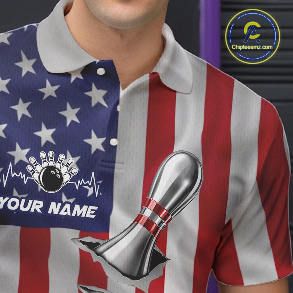 Custom US Flag Silver Bowling Ball And Pin Patriotic Bowling Shirts For Men Team Jerseys IPHW10588