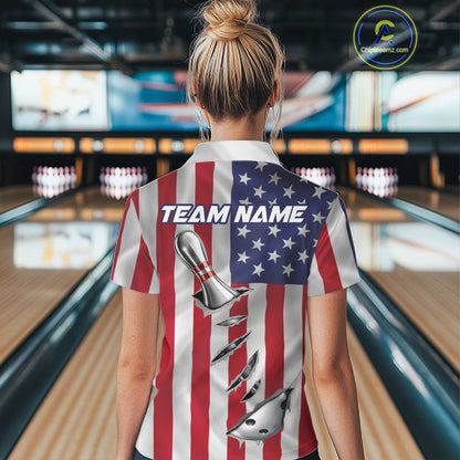 Custom US Flag Silver Bowling Ball And Pin Patriotic Bowling Shirt For Women Team Jersey IPHW10588