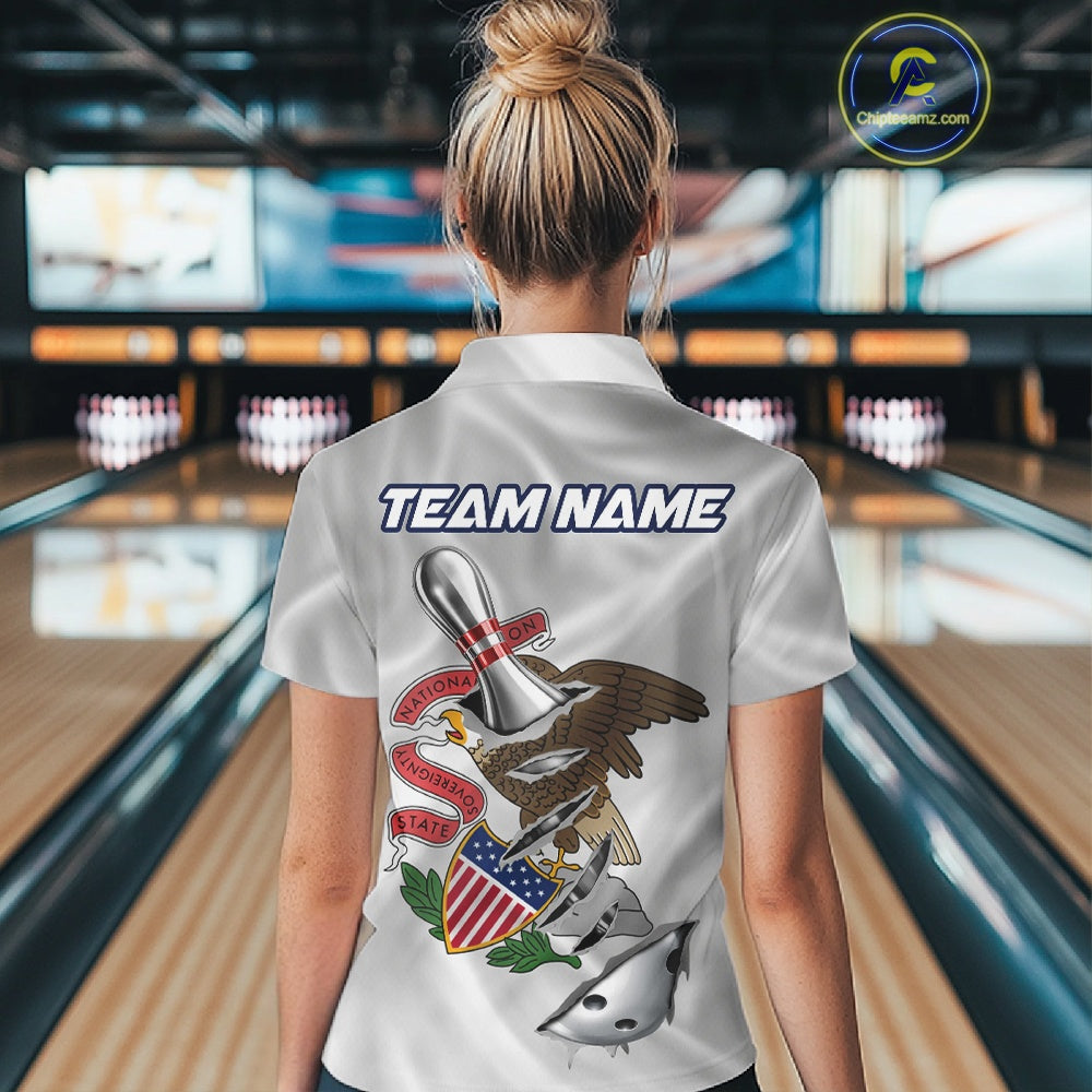 Custom Illinois State Flag Silver Bowling Ball And Pin Patriotic Bowling Shirt For Women IPHW10591
