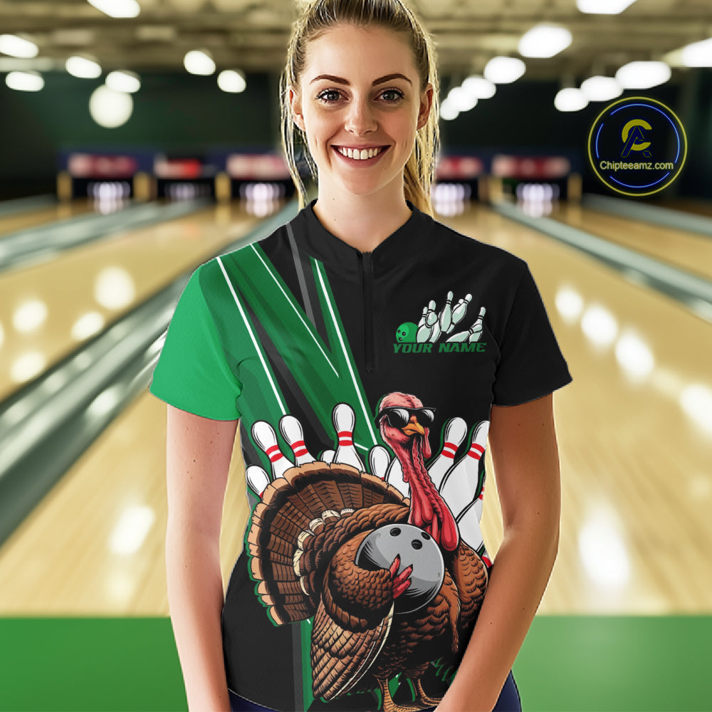 Black And Green Custom Funny Turkey Bowling Women Shirts, Bowling League Team Shirt IPHW10801