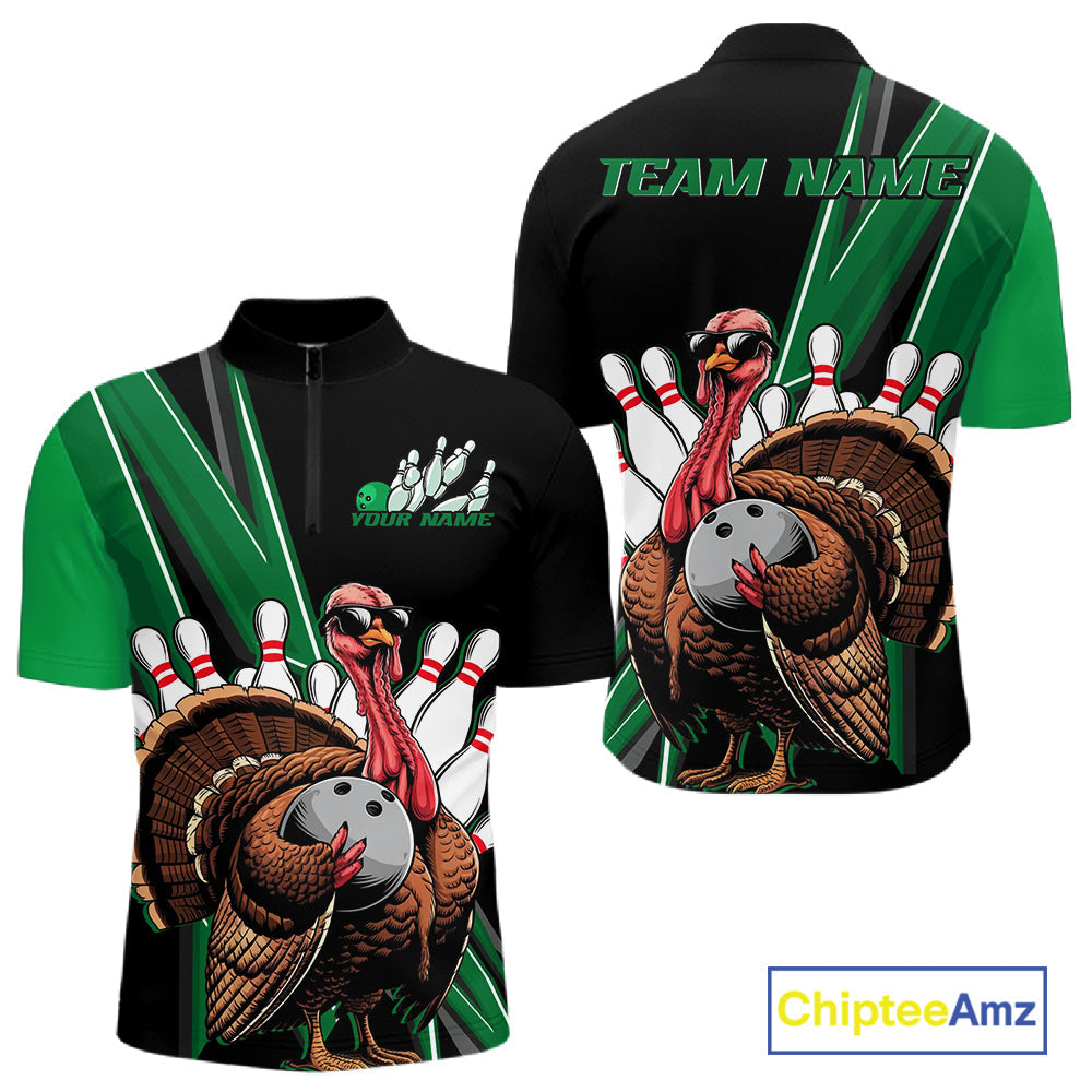 Black And Green Custom Funny Turkey Bowling Men Shirts, Bowling League Team Shirt IPHW10801