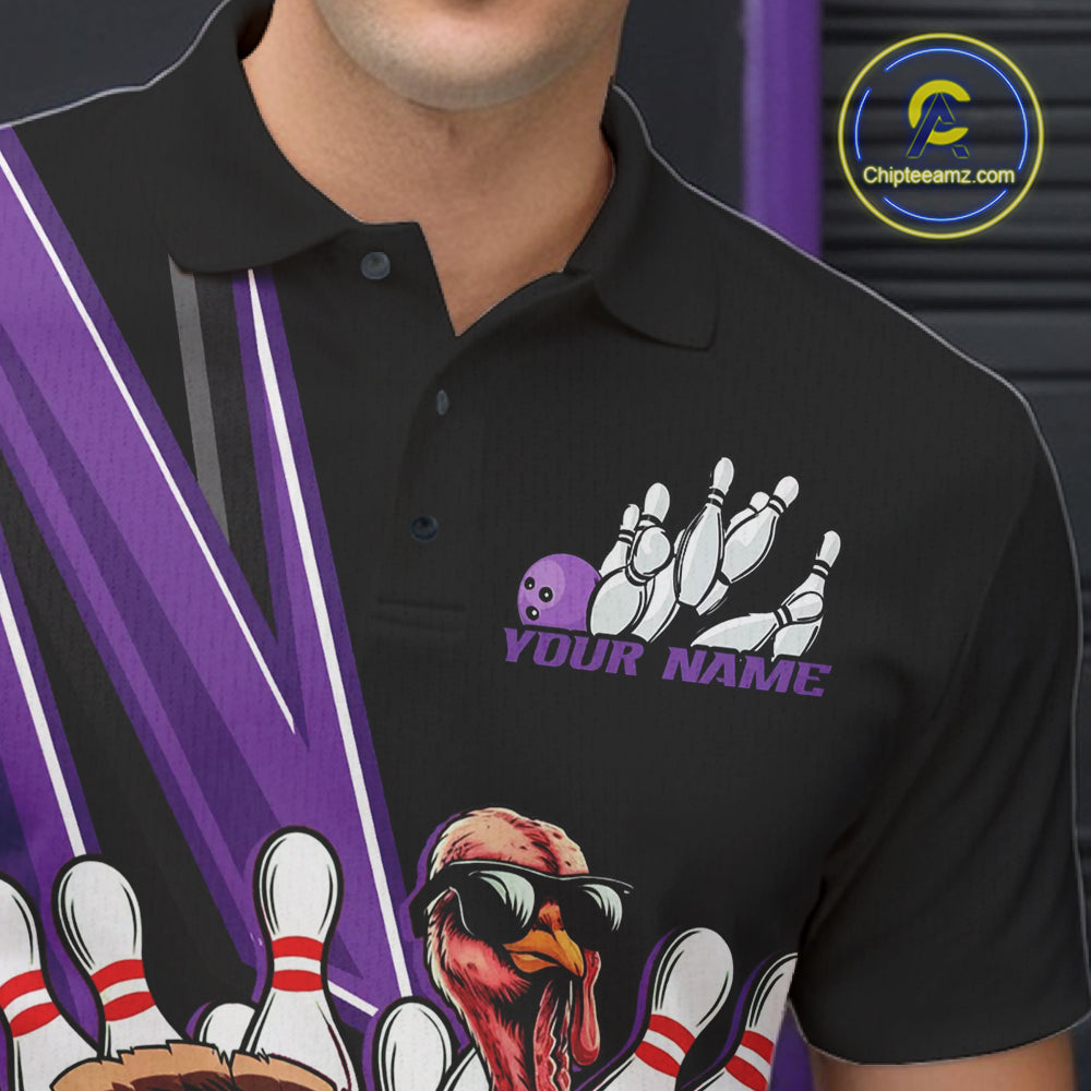 Black And Purple Custom Funny Turkey Bowling Men Shirts, Bowling League Team Shirt IPHW10802
