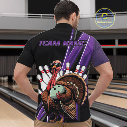 Black And Purple Custom Funny Turkey Bowling Men Shirts, Bowling League Team Shirt IPHW10802