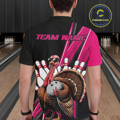 Black And Pink Custom Funny Turkey Bowling Men Shirts, Bowling League Team Shirt IPHW10803