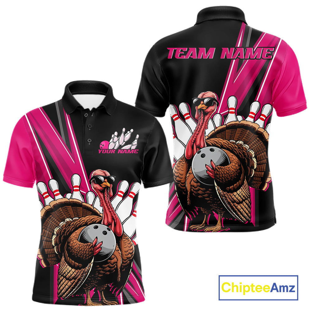 Black And Pink Custom Funny Turkey Bowling Men Shirts, Bowling League Team Shirt IPHW10803