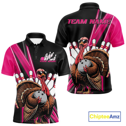 Black And Pink Custom Funny Turkey Bowling Men Shirts, Bowling League Team Shirt IPHW10803