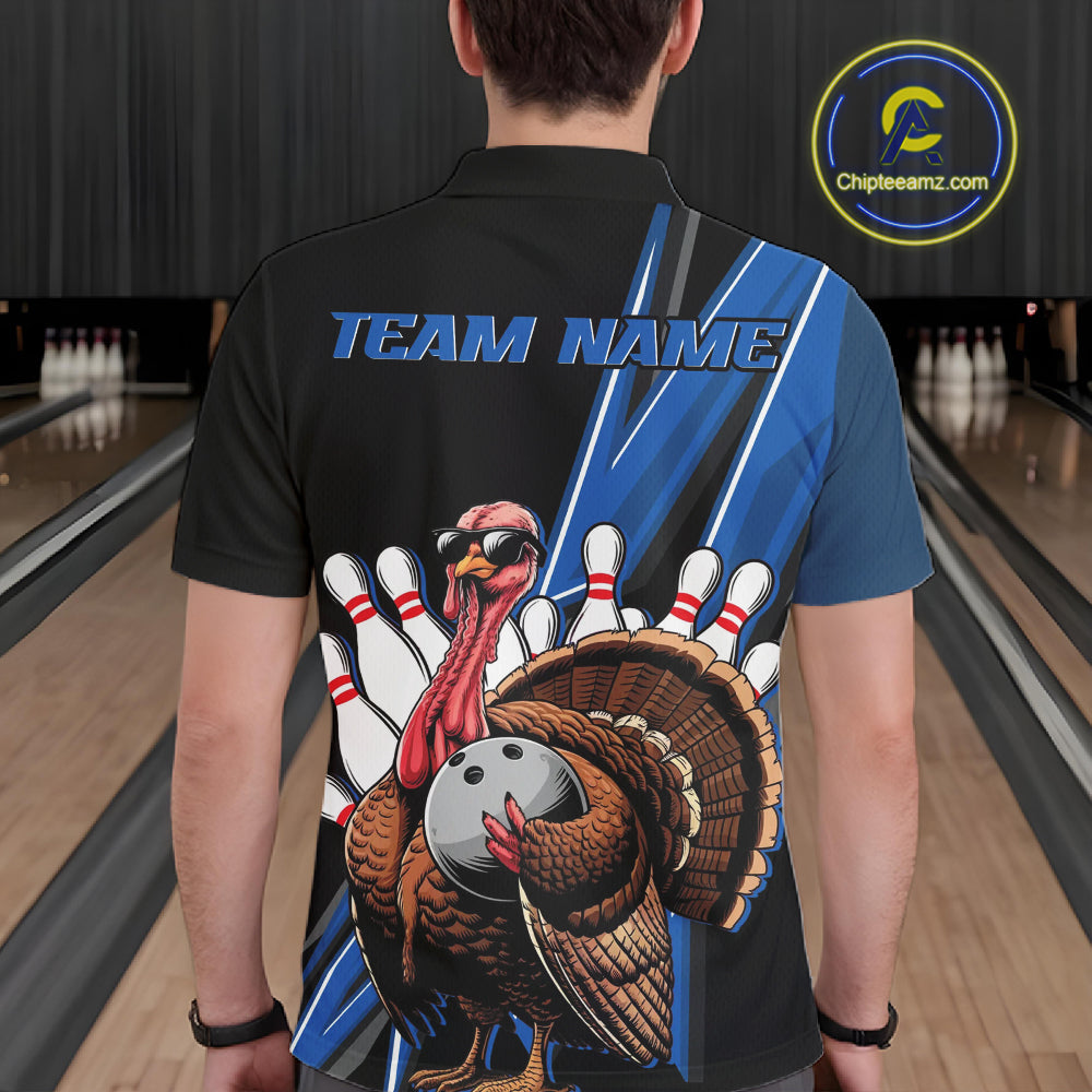 Black And Blue Custom Funny Turkey Bowling Men Shirts, Bowling League Team Shirt IPHW10804