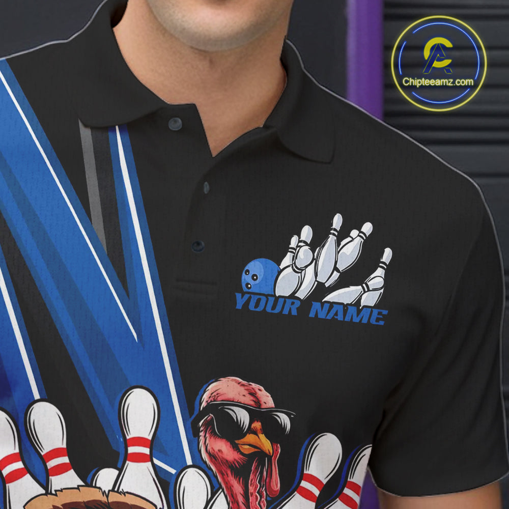 Black And Blue Custom Funny Turkey Bowling Men Shirts, Bowling League Team Shirt IPHW10804