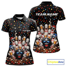 Load image into Gallery viewer, Front and back view of a women's bowling polo shirt mockup featuring funny cartoon bowling balls and animated pins raising frothy beer mugs beneath falling confetti.
