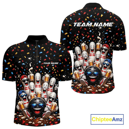 Front and back view of a men's bowling quarter zip shirt mockup featuring funny cartoon bowling balls and animated pins raising frothy beer mugs beneath falling confetti.