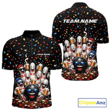 Load image into Gallery viewer, Front and back view of a men's bowling quarter zip shirt mockup featuring funny cartoon bowling balls and animated pins raising frothy beer mugs beneath falling confetti.