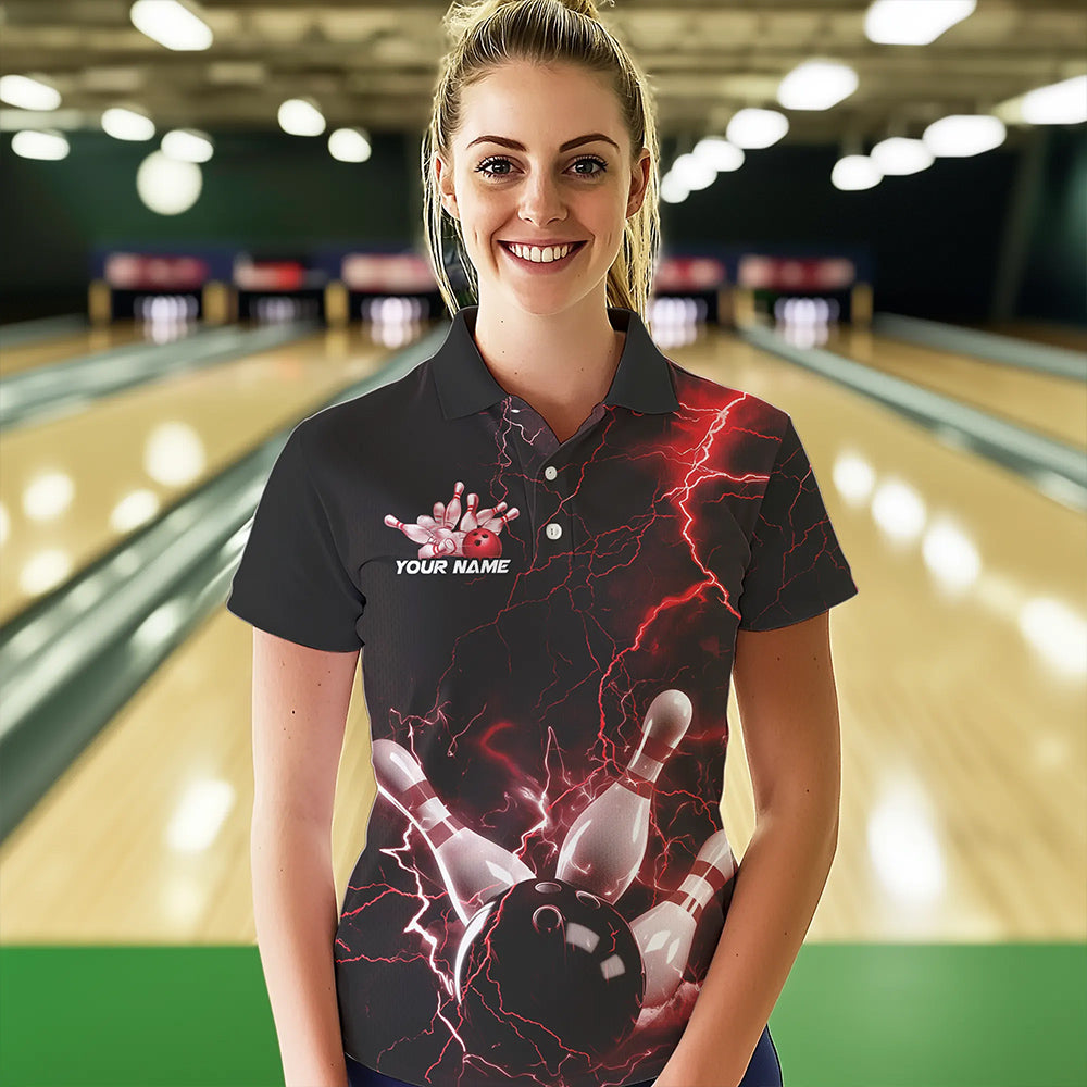 Custom Black And Red Thunder Lightning Bowling Tournament Polo Shirts For Women IPHW8521