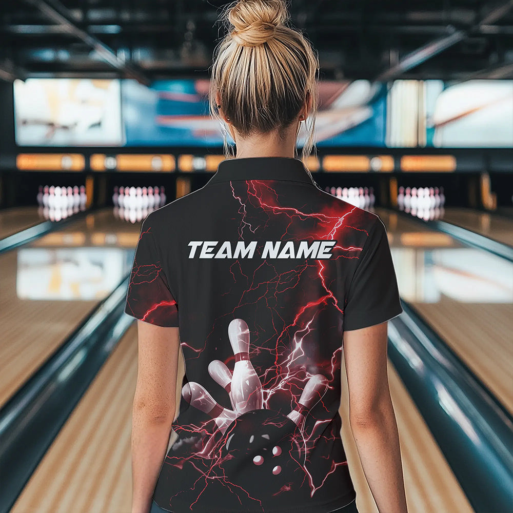 Custom Black And Red Thunder Lightning Bowling Tournament Polo Shirts For Women IPHW8521
