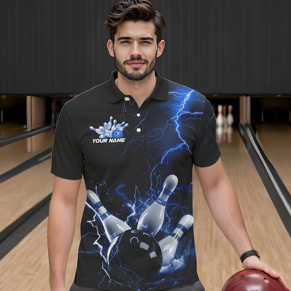 Custom Black And Blue Thunder Lightning Bowling Tournament Polo Shirts For Men IPHW8522