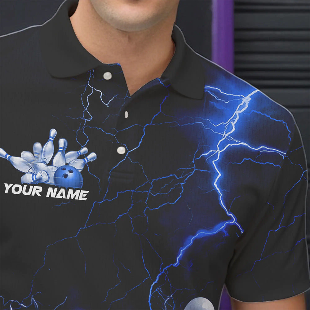 Custom Black And Blue Thunder Lightning Bowling Tournament Polo Shirts For Men IPHW8522