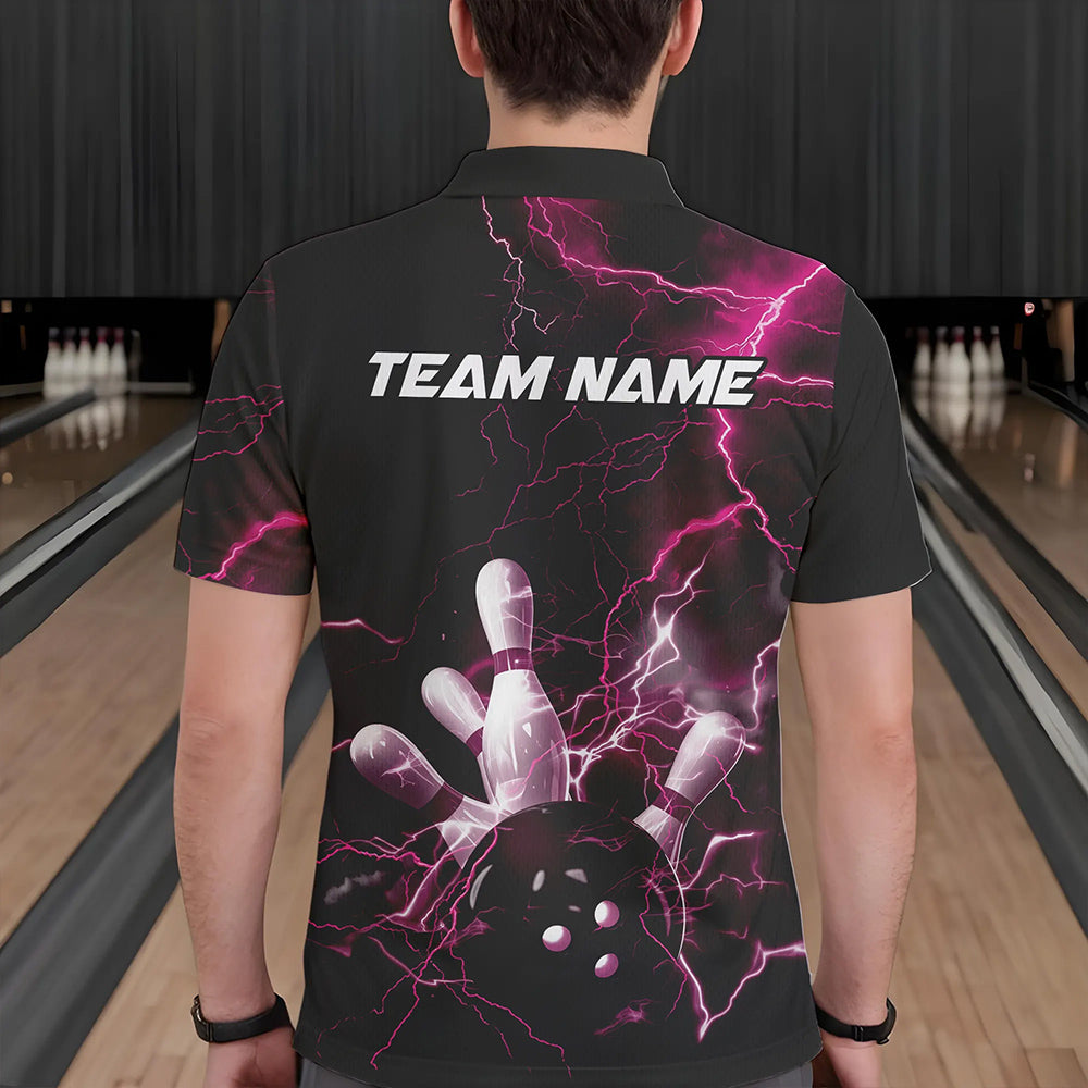 Custom Black And Pink Thunder Lightning Bowling Tournament Polo Shirts For Men IPHW8523